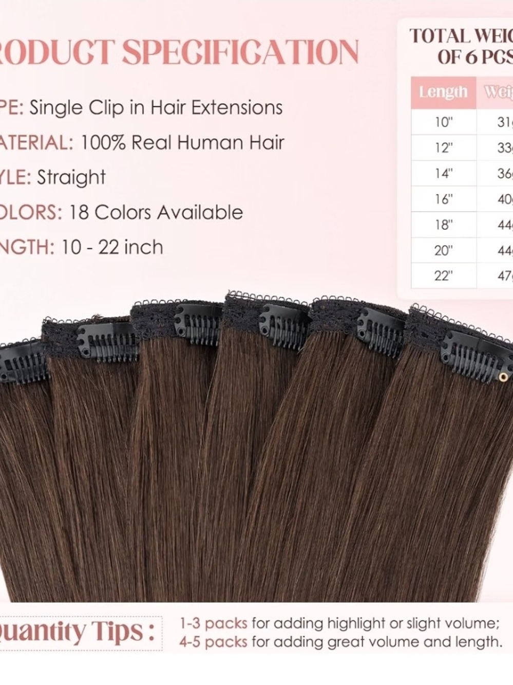 10 Inch Hairro 6pcs Clip In 100%Real Human Hair Extensions, Single Clip Design - Picture 2 of 3